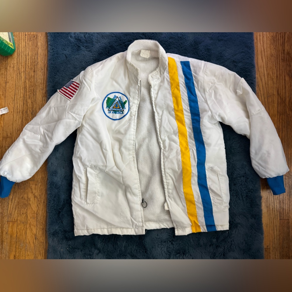 VINTAGE (80’s) White Jacket with Blue and Yellow Stripes